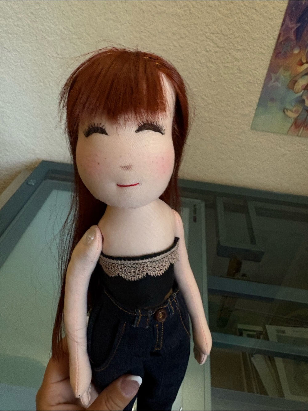 Handmade Brown-Haired Cloth Doll with Black Outfit - Picture 12 of 13